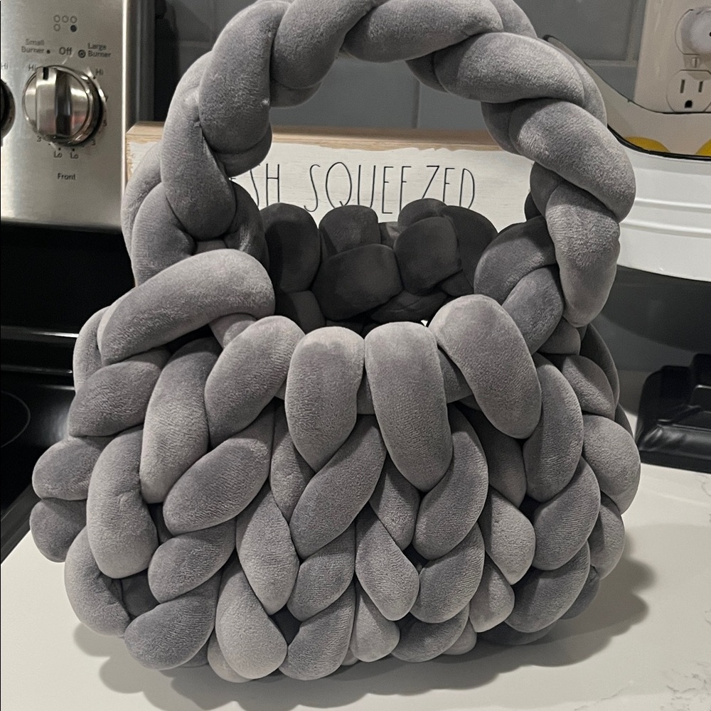 Gray Braided Shoulder Bag - Plush Knit Design
